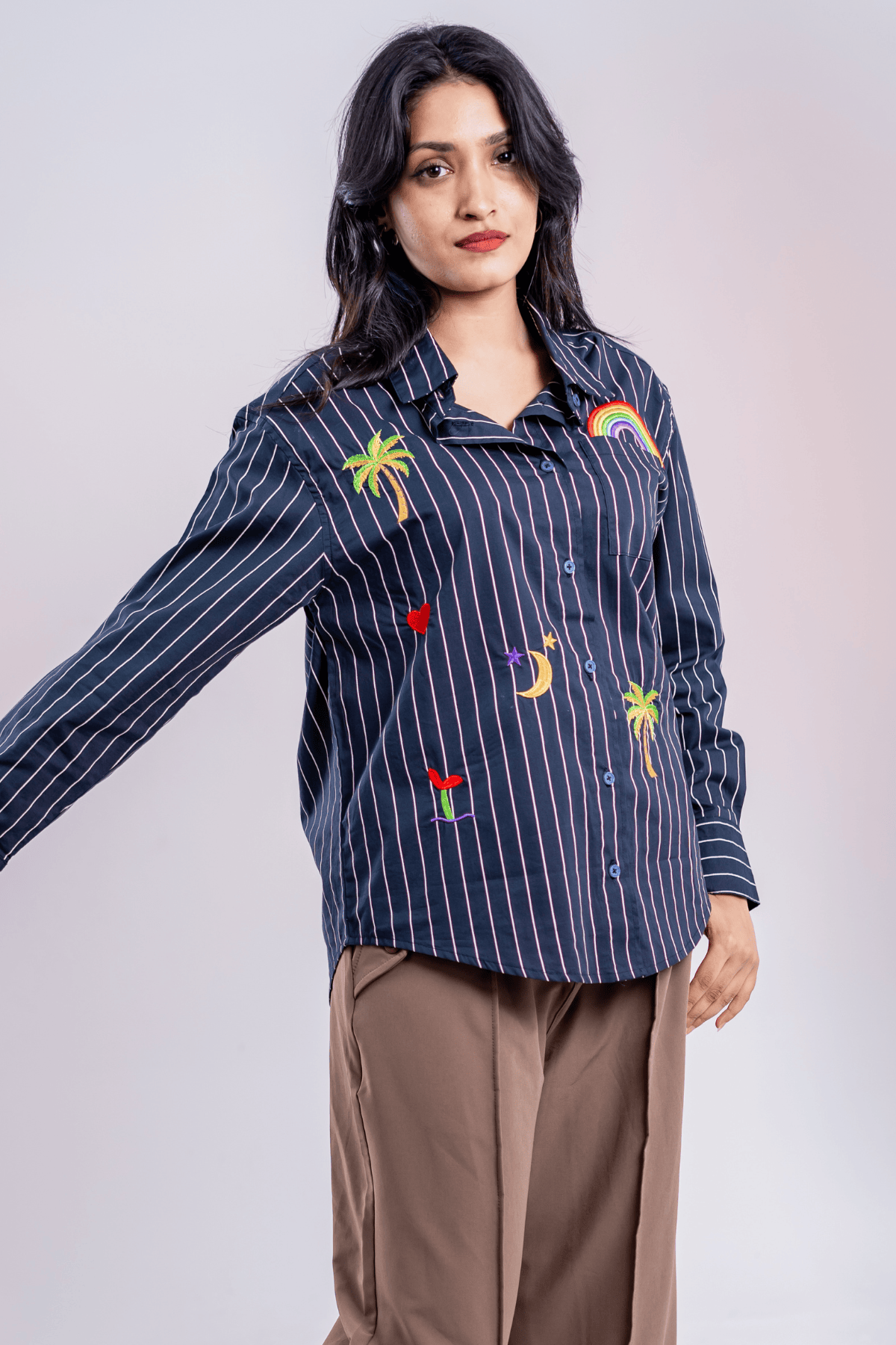 Mad Koffee Tropic Bloom Button-Up Embroidered Striped Shirt