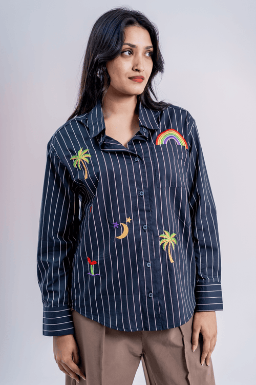 Load image 1 in gallery view. Mad Koffee Tropic Bloom Button-Up Embroidered Striped Shirt