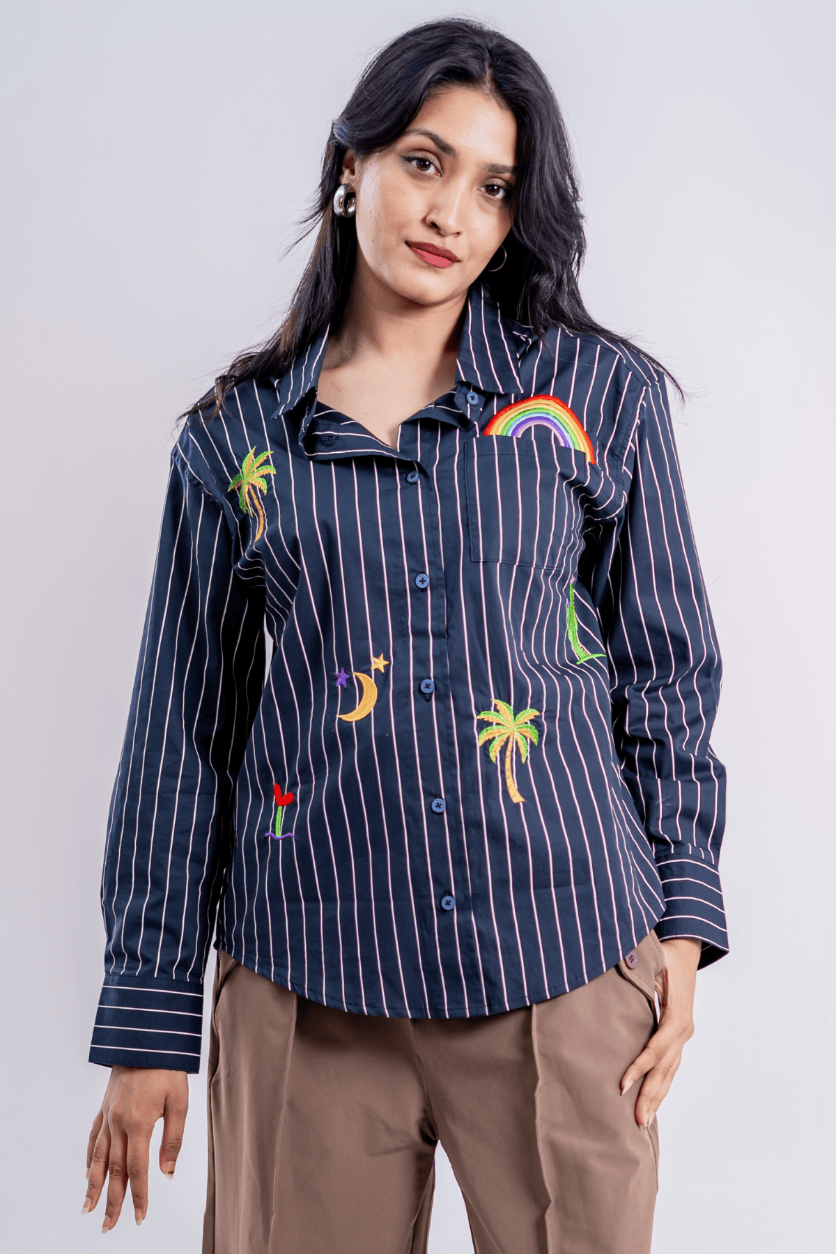 Mad Koffee Tropic Bloom Button-Up Embroidered Striped Shirt