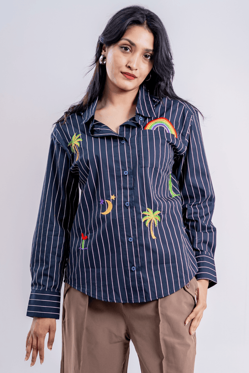 Load image 1 in gallery view. Mad Koffee Tropic Bloom Button-Up Embroidered Striped Shirt