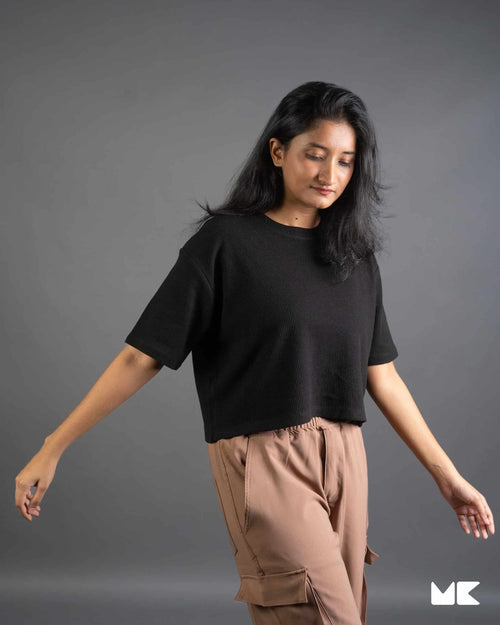 Load image 1 in gallery view. Mad Koffee Women Actual Cropped Oversized T-shirt- BLACK